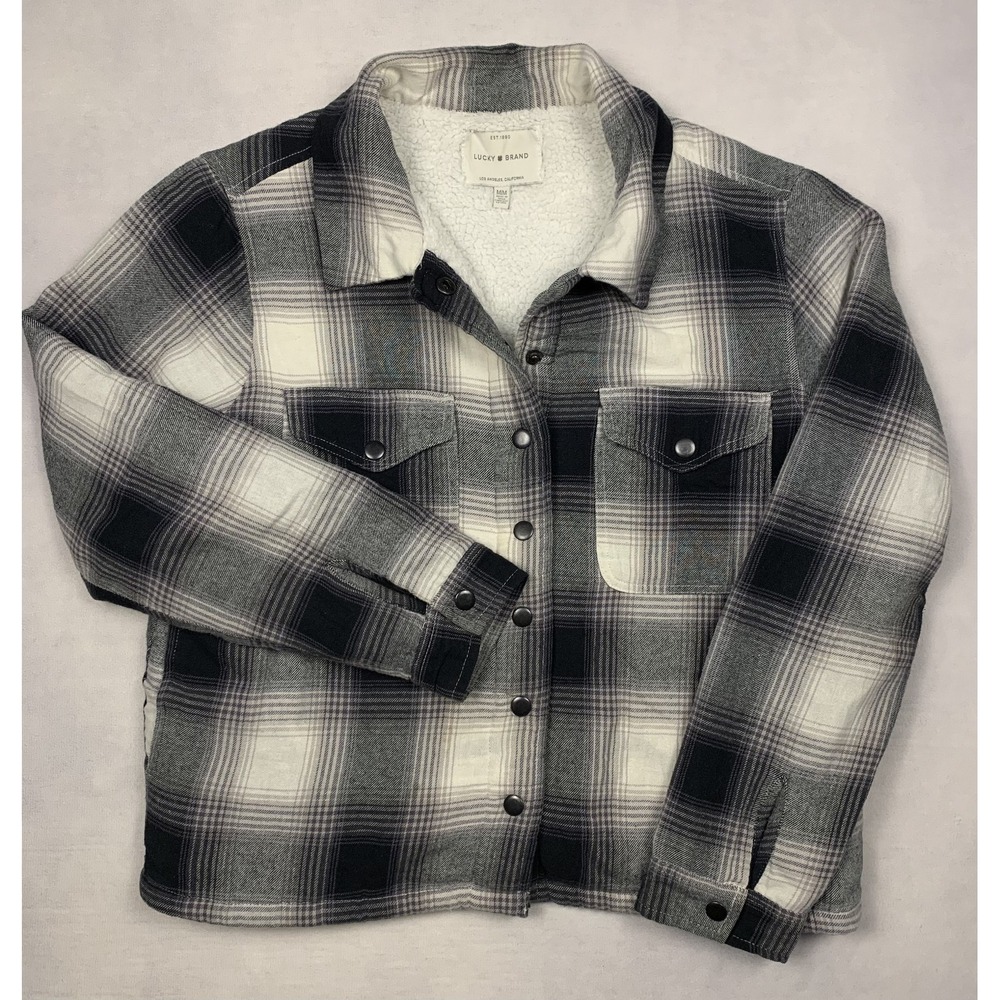 Lucky Brand Shacket Womens Medium Plaid Flannel Sherpa Lined Jacket Black M